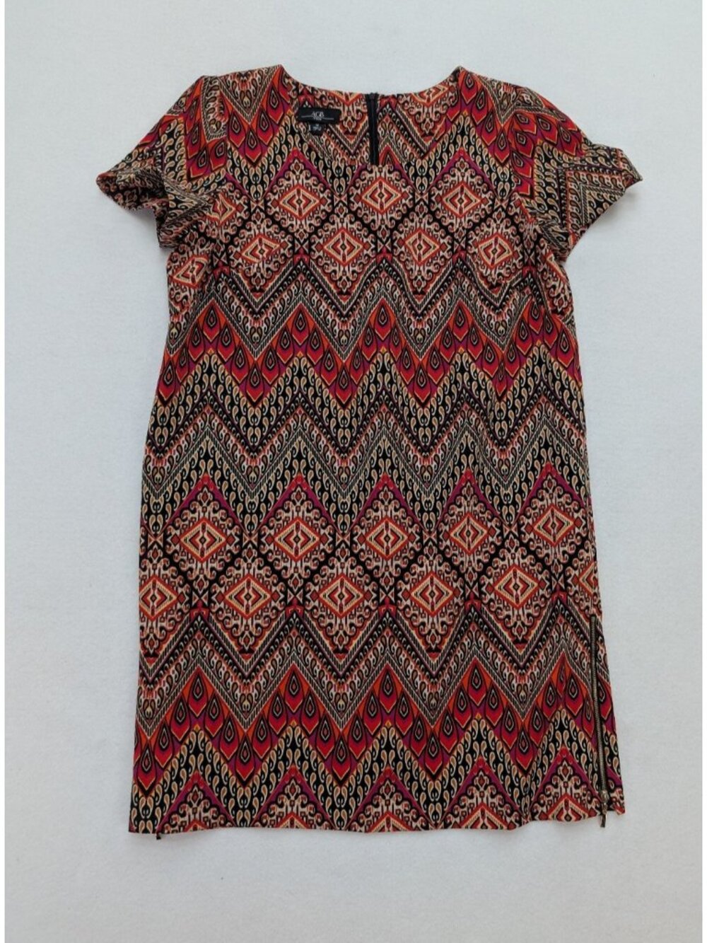 AGB Women's Dress Size 14 Black Red Orange Print Shift Short Sleeve Zipper
